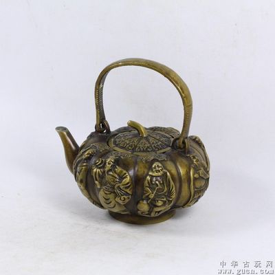 民间收藏清代黄铜铜器人物八仙茶壶